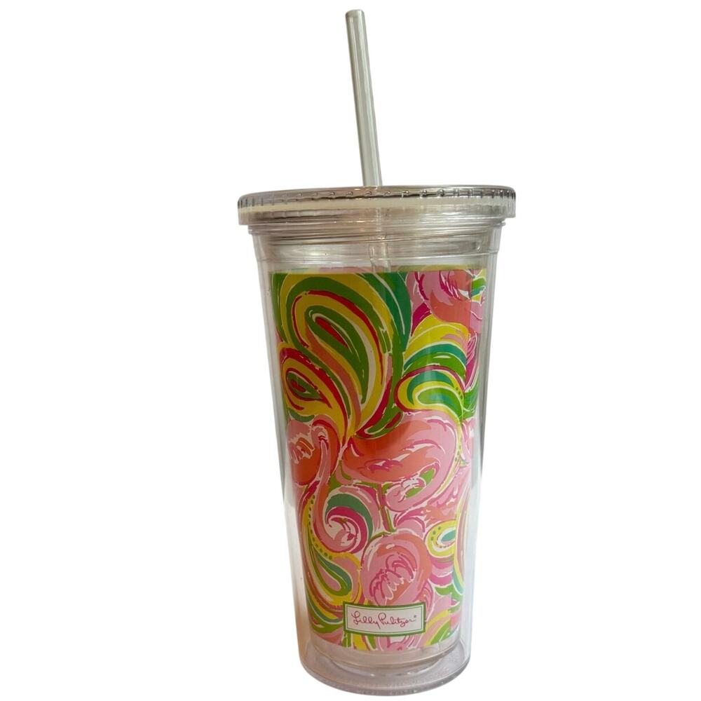 Lilly Pulitzer Acrylic Cold Drink Tumbler & Straw Pink Flamingo Preppy Coastal